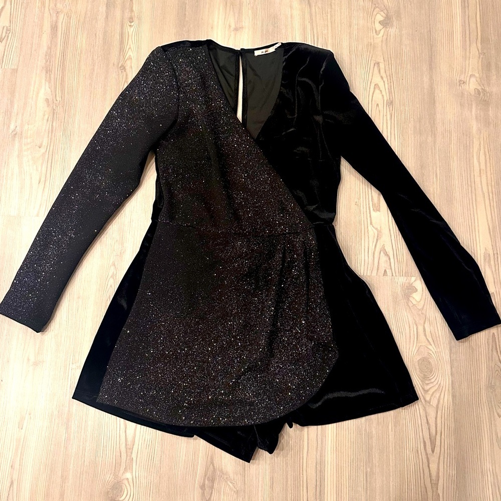 Francesca’s Black Velvet & Silver Glitter Long Sleeve Romper